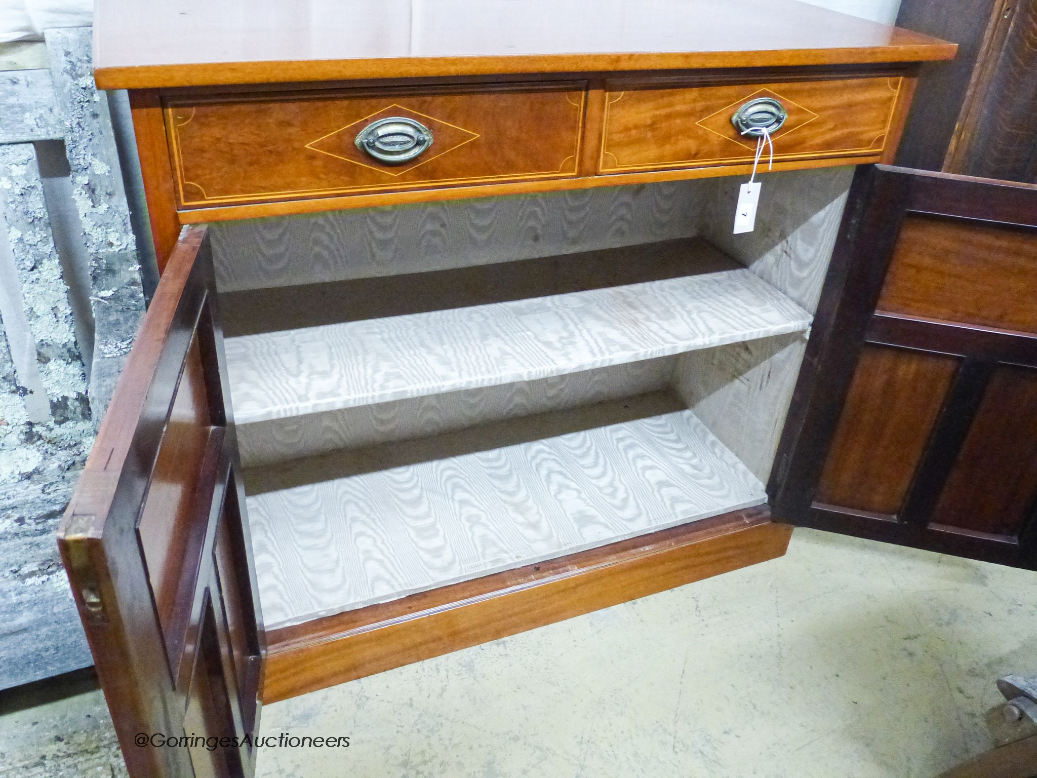 An Edwardian mahogany side cabinet, width 110cm, depth 47cm, height 98cm